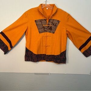 Extra large, orange, medium weight linen jacket with an Asian influence